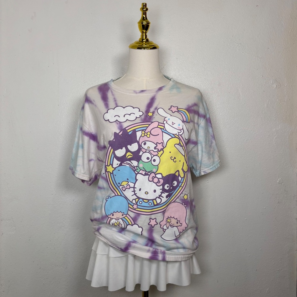 hello kitty and friends sanrio purple blue white tie dye t-shirt merch kawaii
